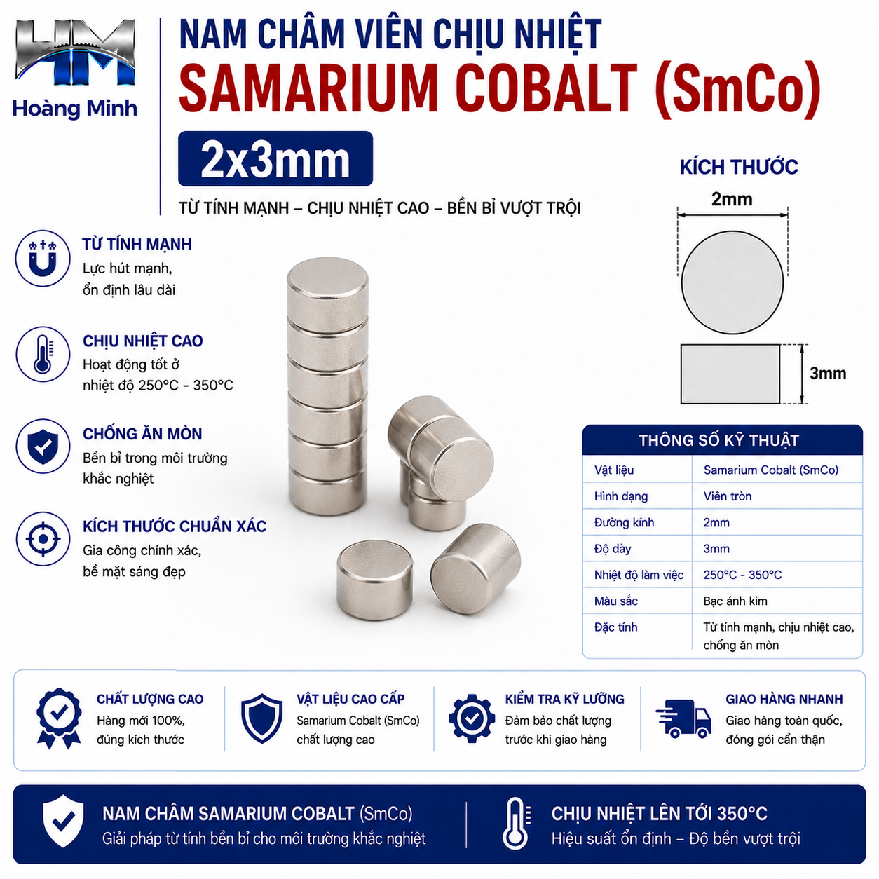 Nam Châm Viên Chịu Nhiệt Samarium Cobalt (SmCo) 2x3mm