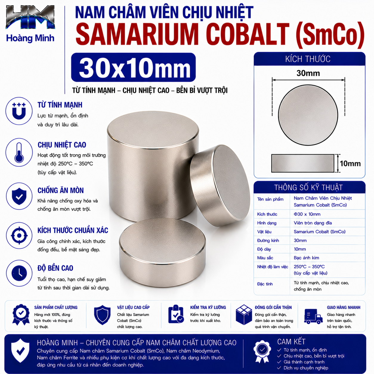 Nam Châm Viên Chịu Nhiệt Samarium Cobalt (SmCo) 30x10mm