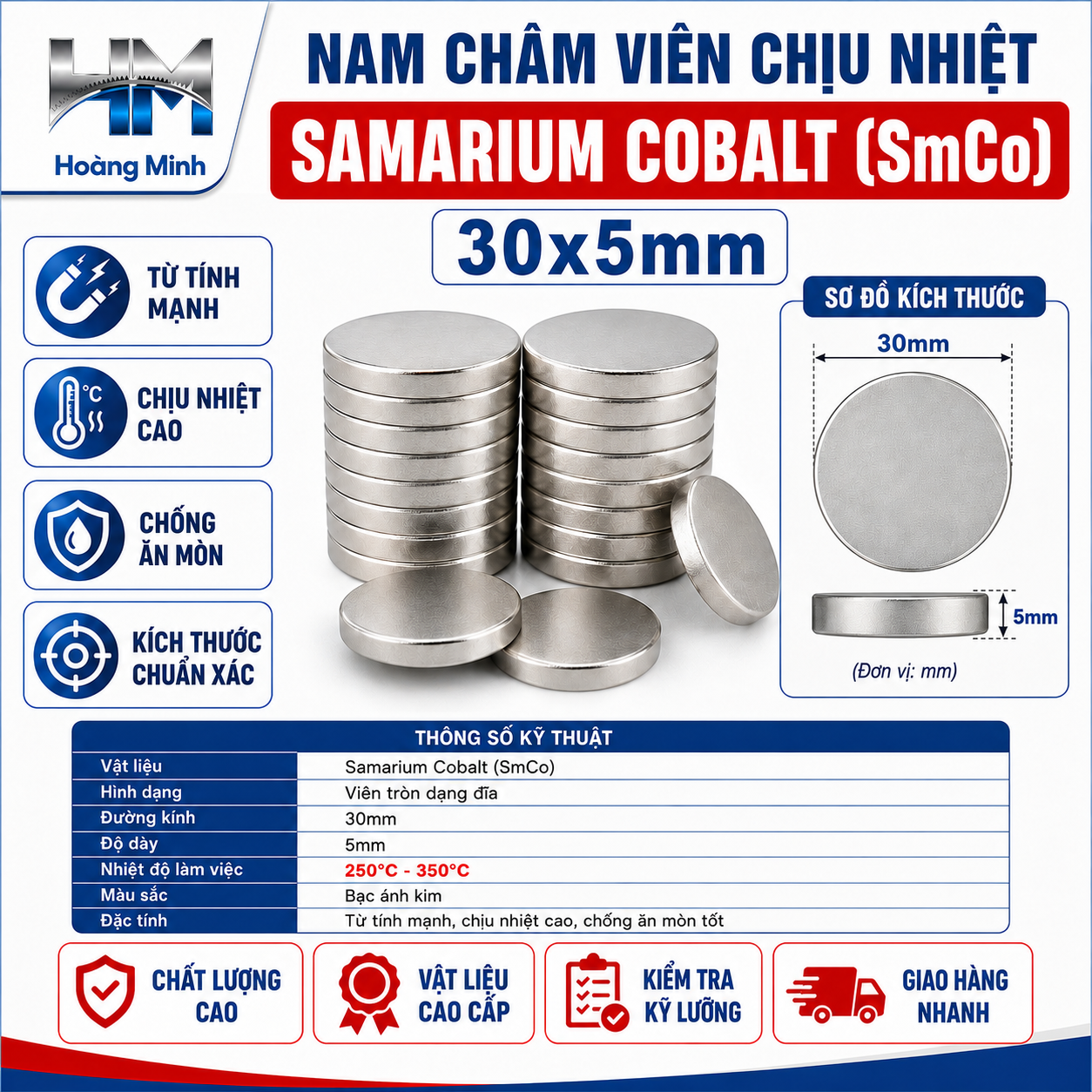 Nam Châm Viên Chịu Nhiệt Samarium Cobalt (SmCo) 30x5mm