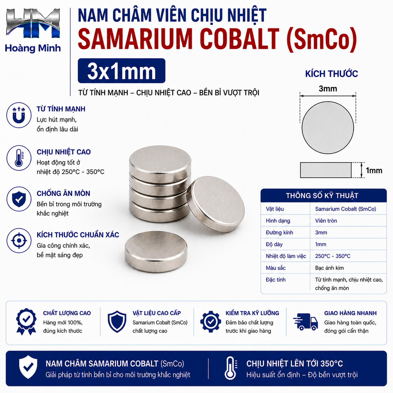 Nam Châm Viên Chịu Nhiệt Samarium Cobalt (SmCo) 3x1mm
