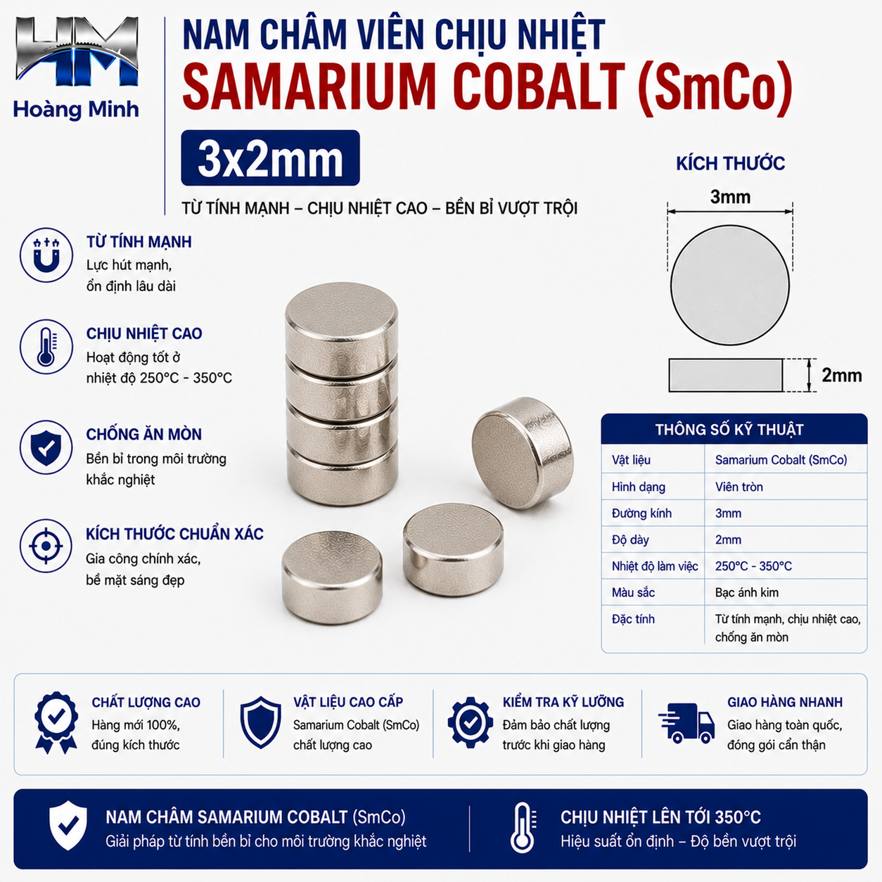 Nam Châm Viên Chịu Nhiệt Samarium Cobalt (SmCo) 3x2mm