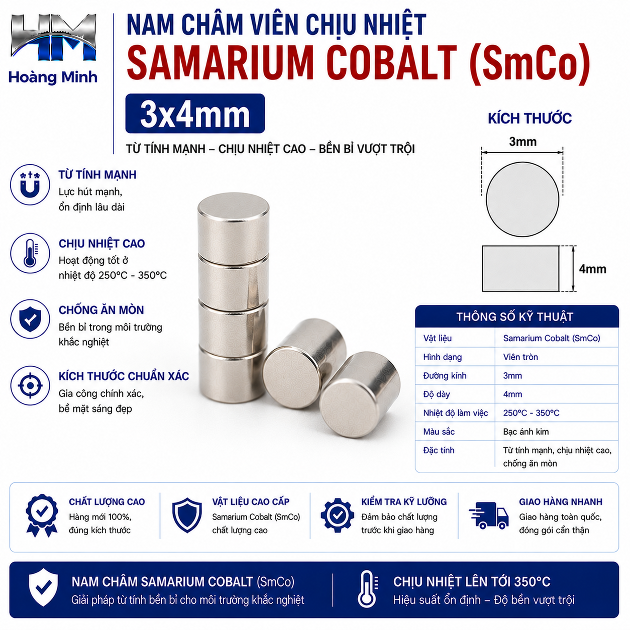 Nam Châm Viên Chịu Nhiệt Samarium Cobalt (SmCo) 3x4mm