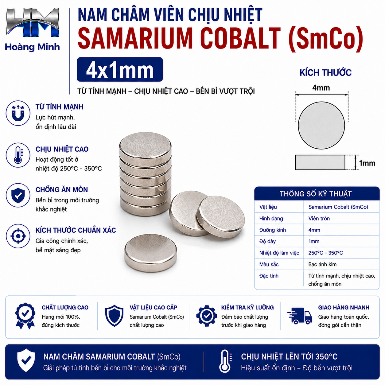 Nam Châm Viên Chịu Nhiệt Samarium Cobalt (SmCo) 4x1mm