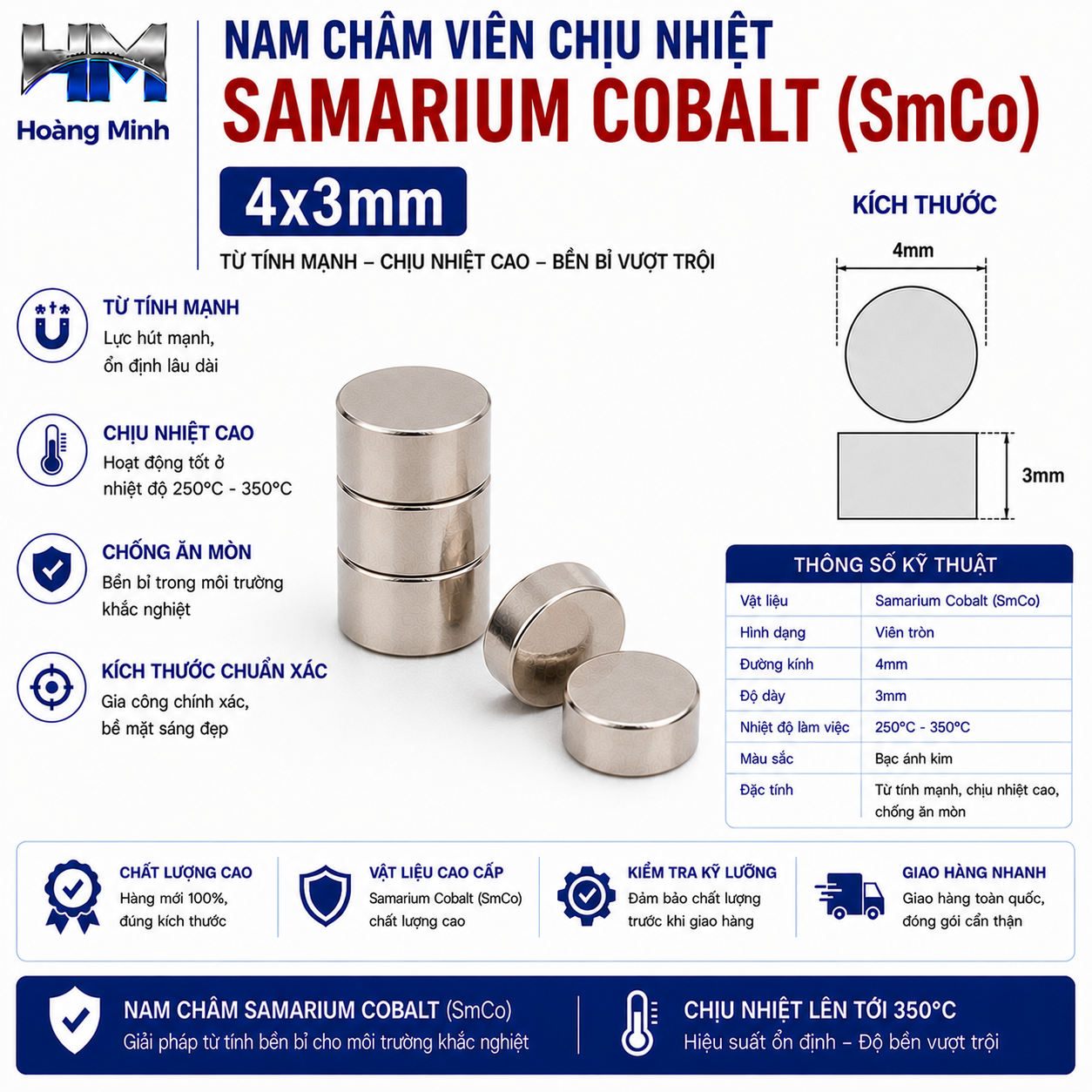 Nam Châm Viên Chịu Nhiệt Samarium Cobalt (SmCo) 4x3mm