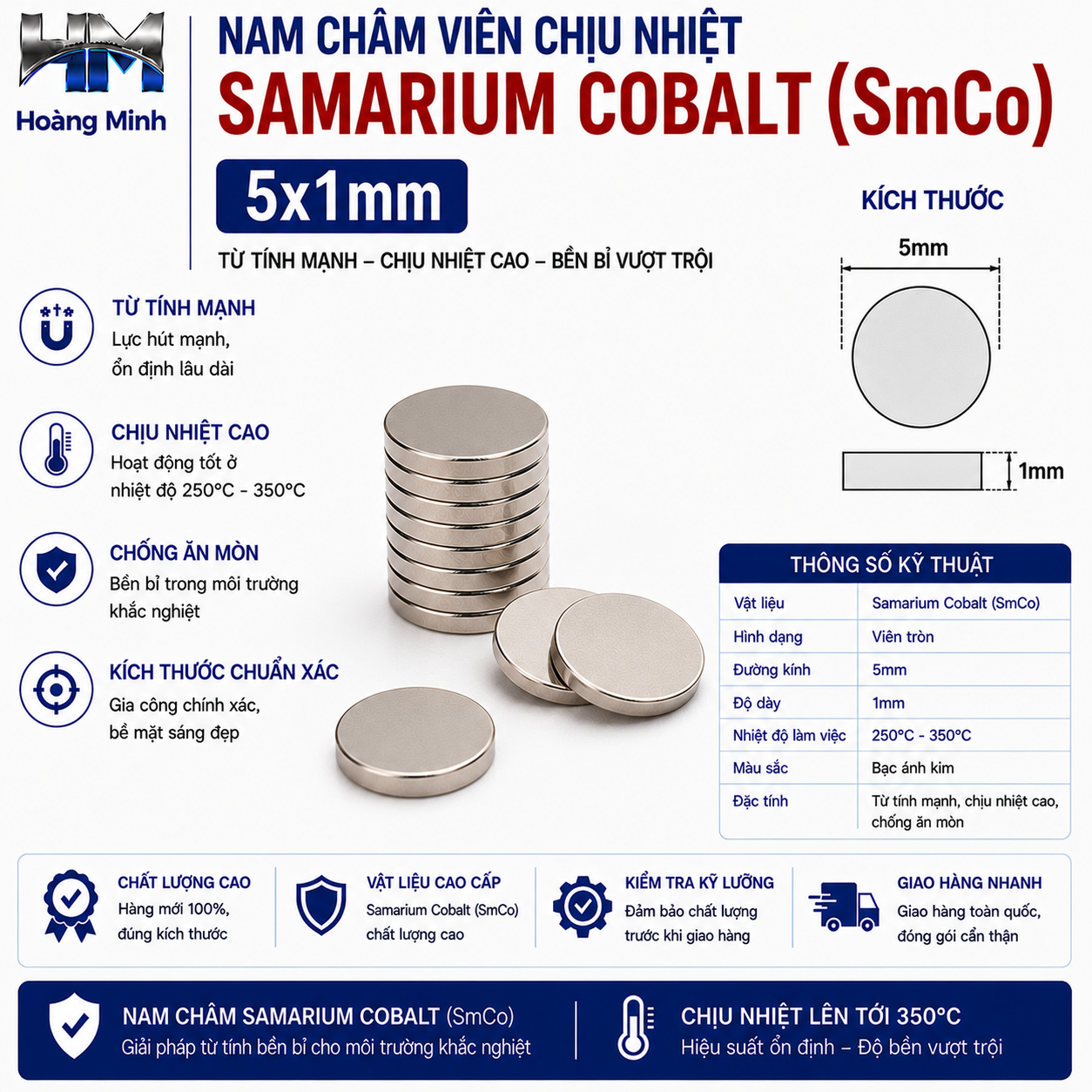 Nam Châm Viên Chịu Nhiệt Samarium Cobalt (SmCo) 5x1mm