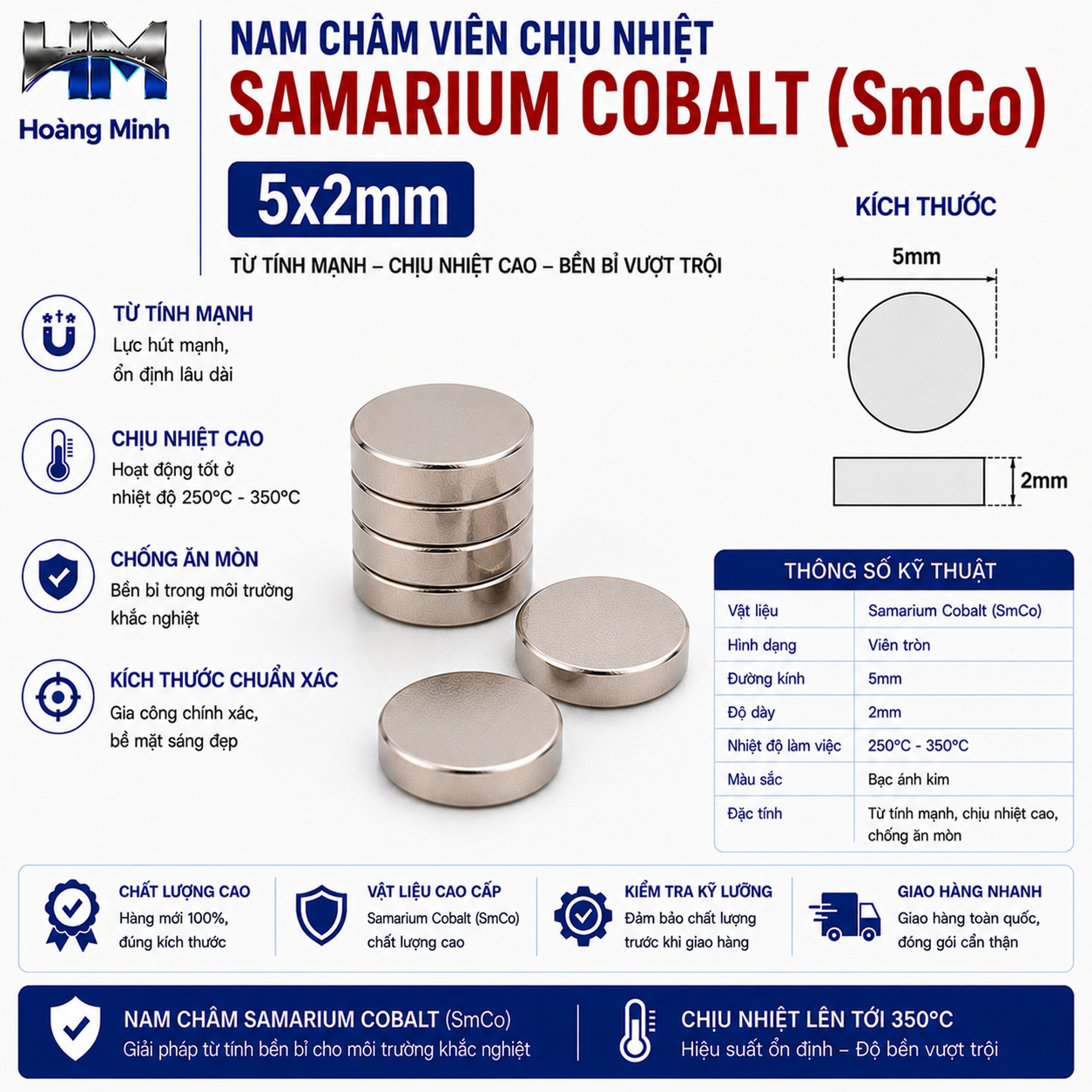 Nam Châm Viên Chịu Nhiệt Samarium Cobalt (SmCo) 5x2mm