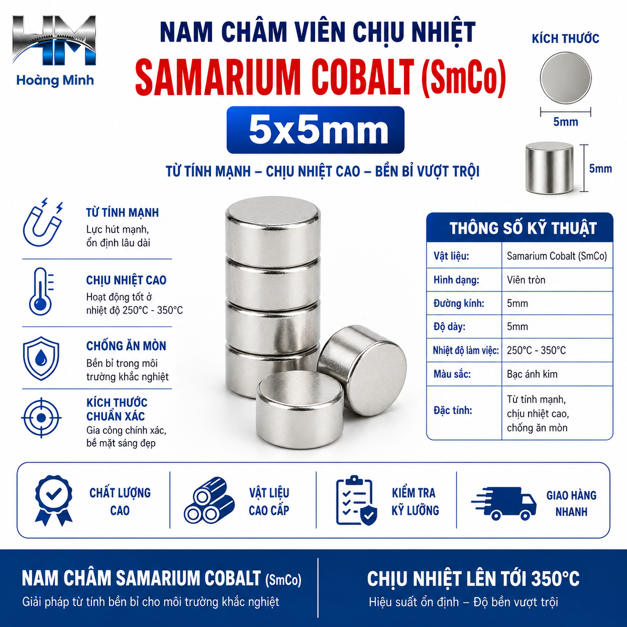 Nam Châm Viên Chịu Nhiệt Samarium Cobalt (SmCo) 5x5mm