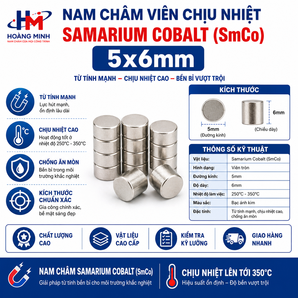 Nam Châm Viên Chịu Nhiệt Samarium Cobalt (SmCo) 5x6mm