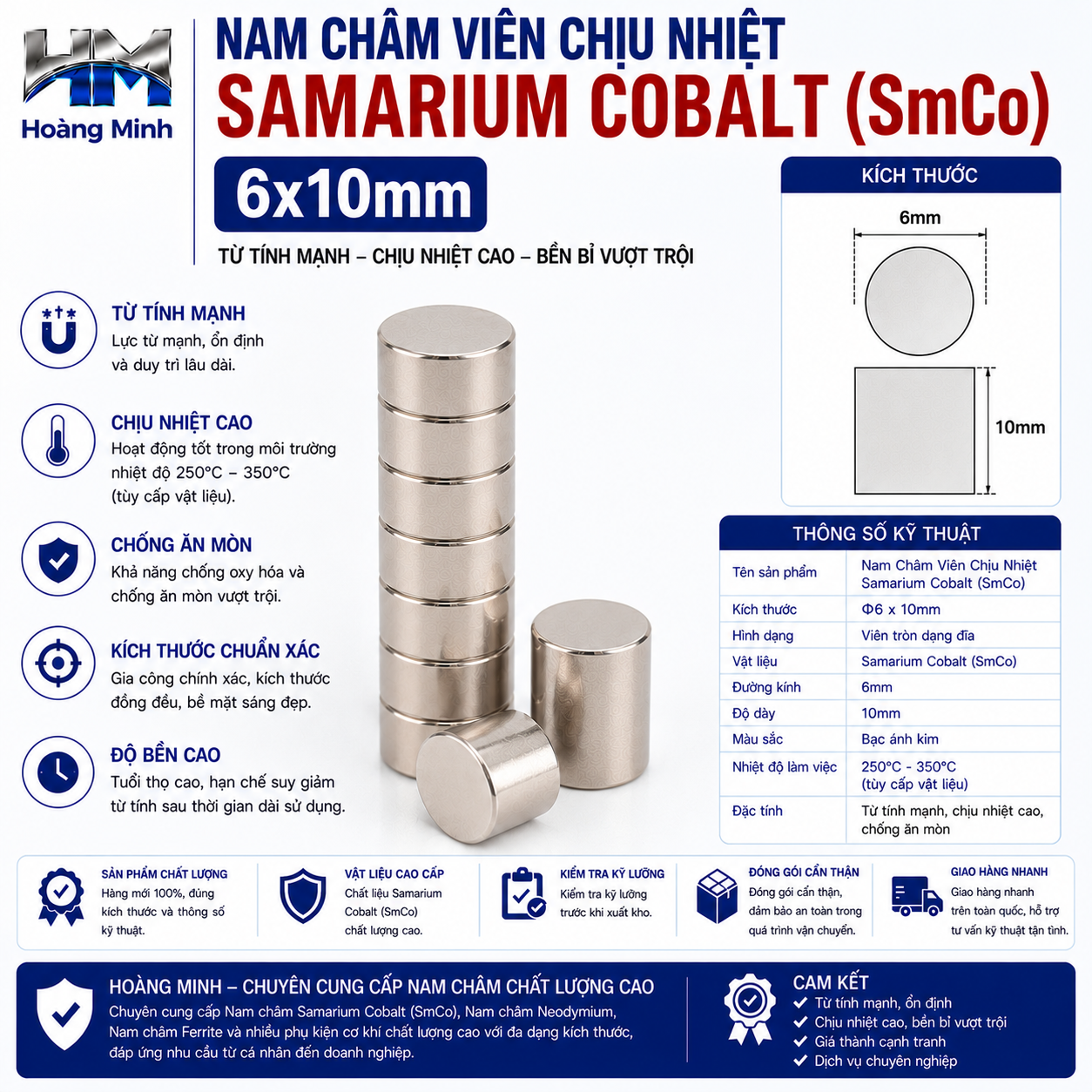 Nam Châm Viên Chịu Nhiệt Samarium Cobalt (SmCo) 6x10mm
