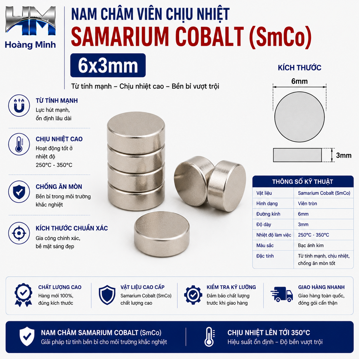 Nam Châm Viên Chịu Nhiệt Samarium Cobalt (SmCo) 6x3mm