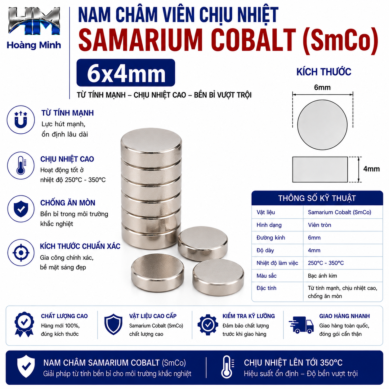 Nam Châm Viên Chịu Nhiệt Samarium Cobalt (SmCo) 6x4mm