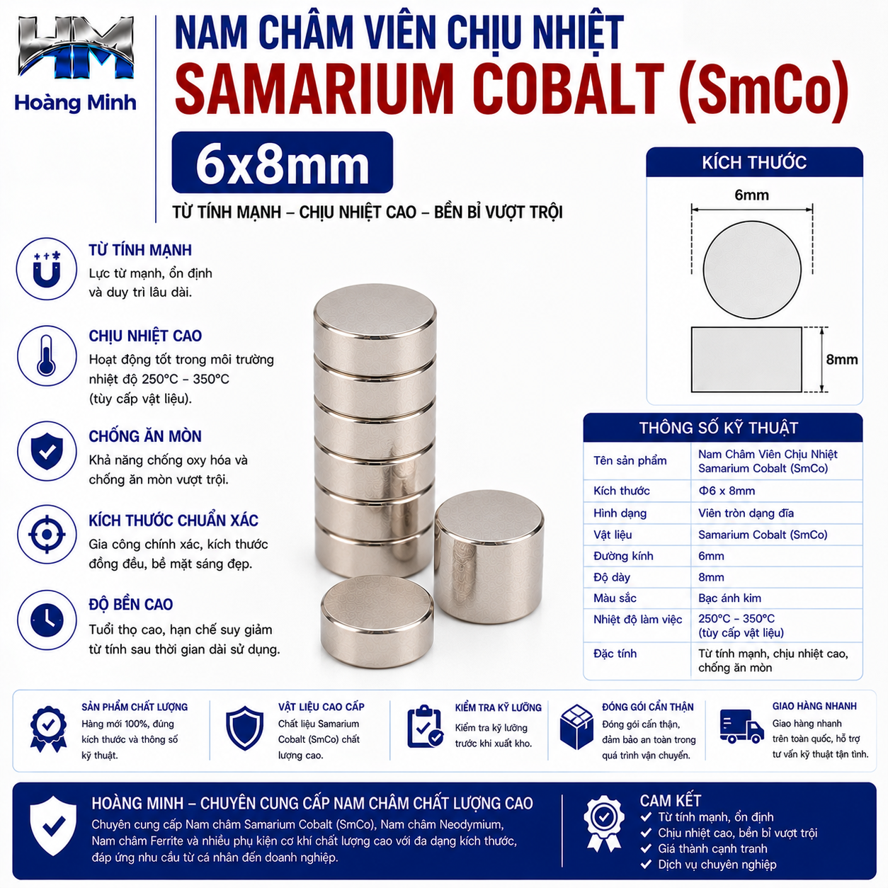 Nam Châm Viên Chịu Nhiệt Samarium Cobalt (SmCo) 6x8mm