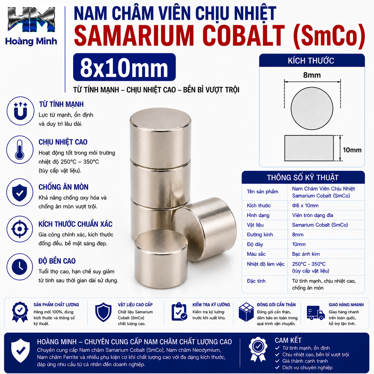 Nam Châm Viên Chịu Nhiệt Samarium Cobalt (SmCo) 8x10mm