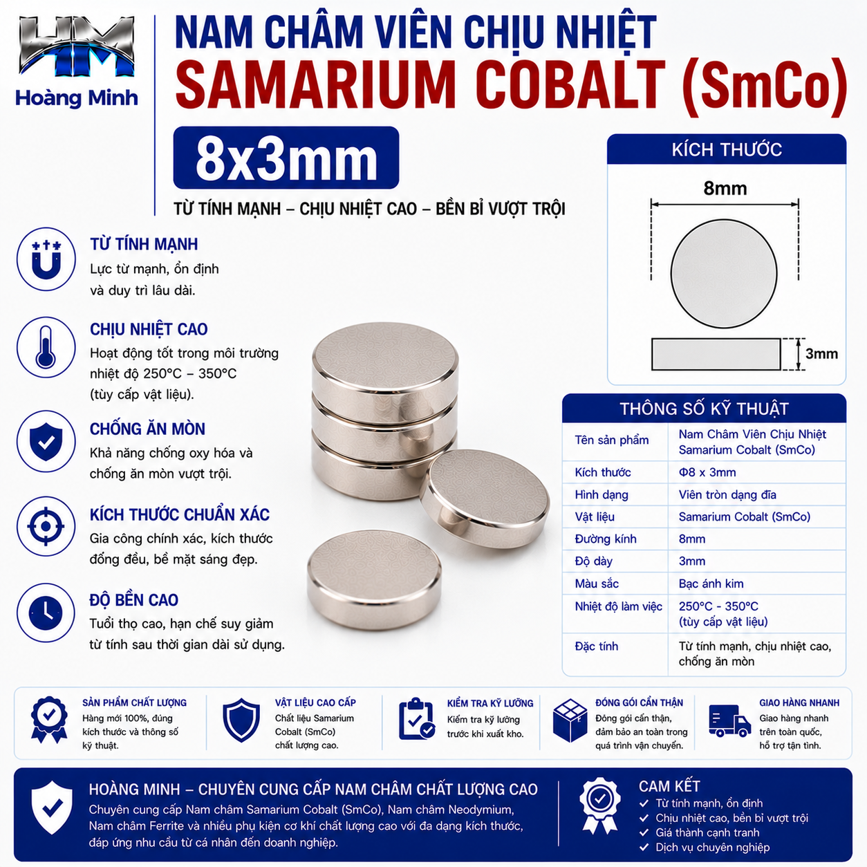 Nam Châm Viên Chịu Nhiệt Samarium Cobalt (SmCo) 8x3mm