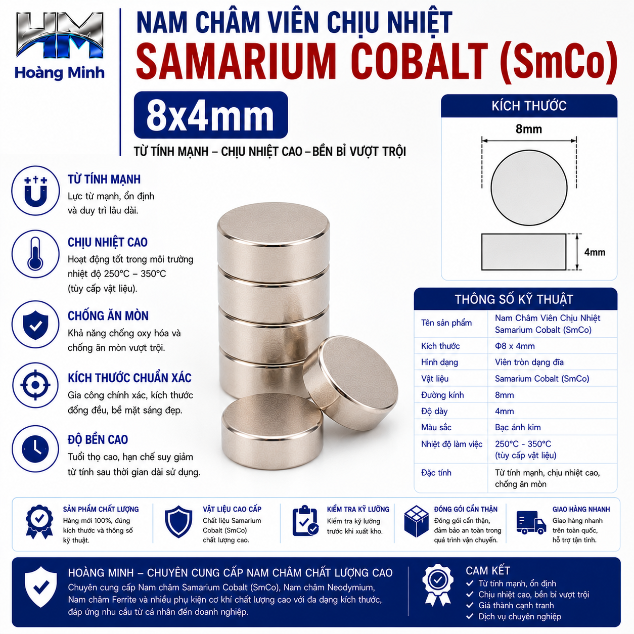 Nam Châm Viên Chịu Nhiệt Samarium Cobalt (SmCo) 8x4mm