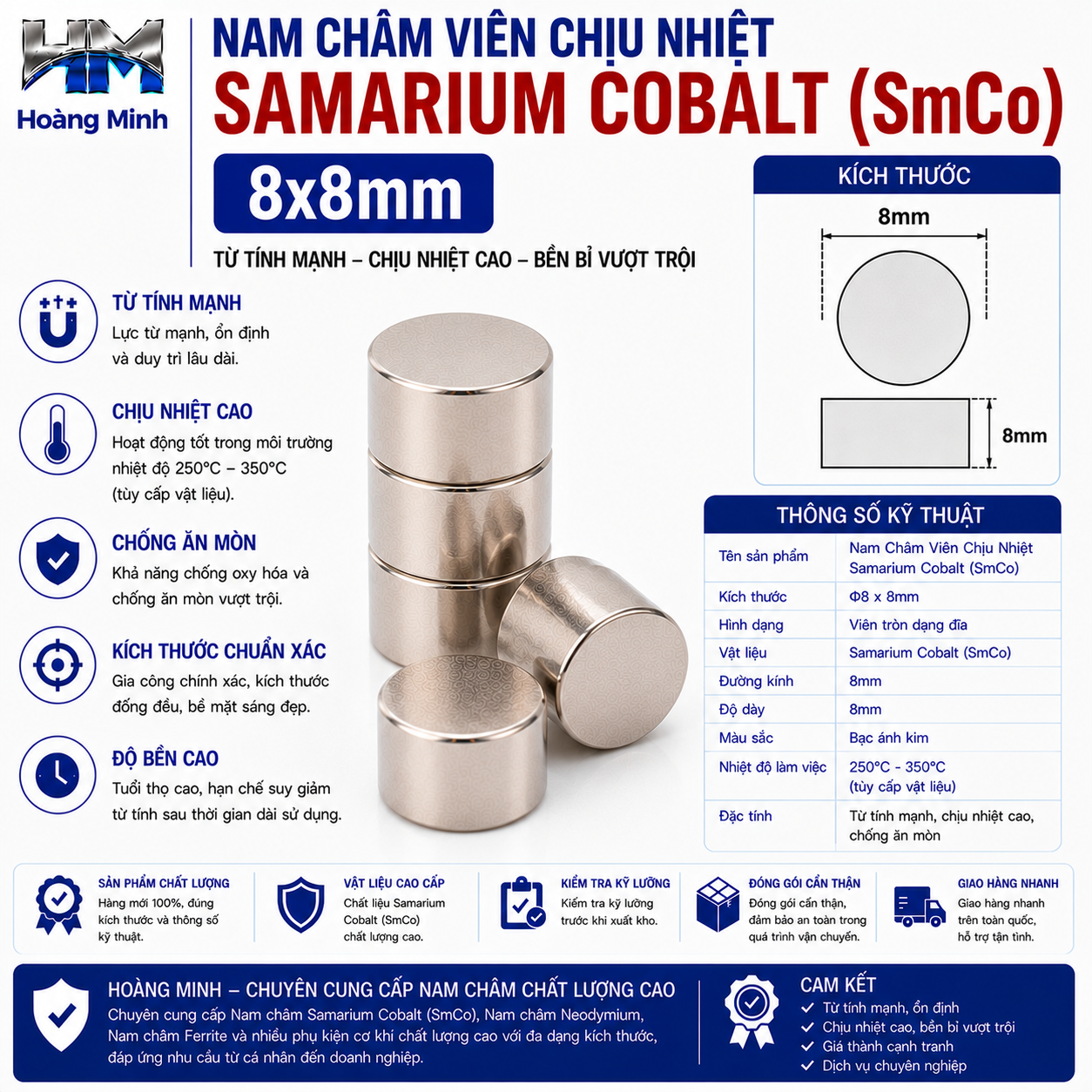 Nam Châm Viên Chịu Nhiệt Samarium Cobalt (SmCo) 8x8mm