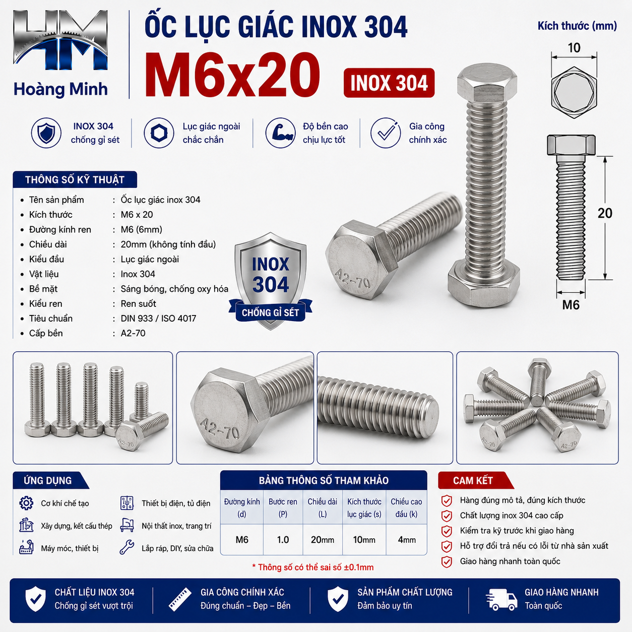Ốc Lục Giác Inox 304 M6x20