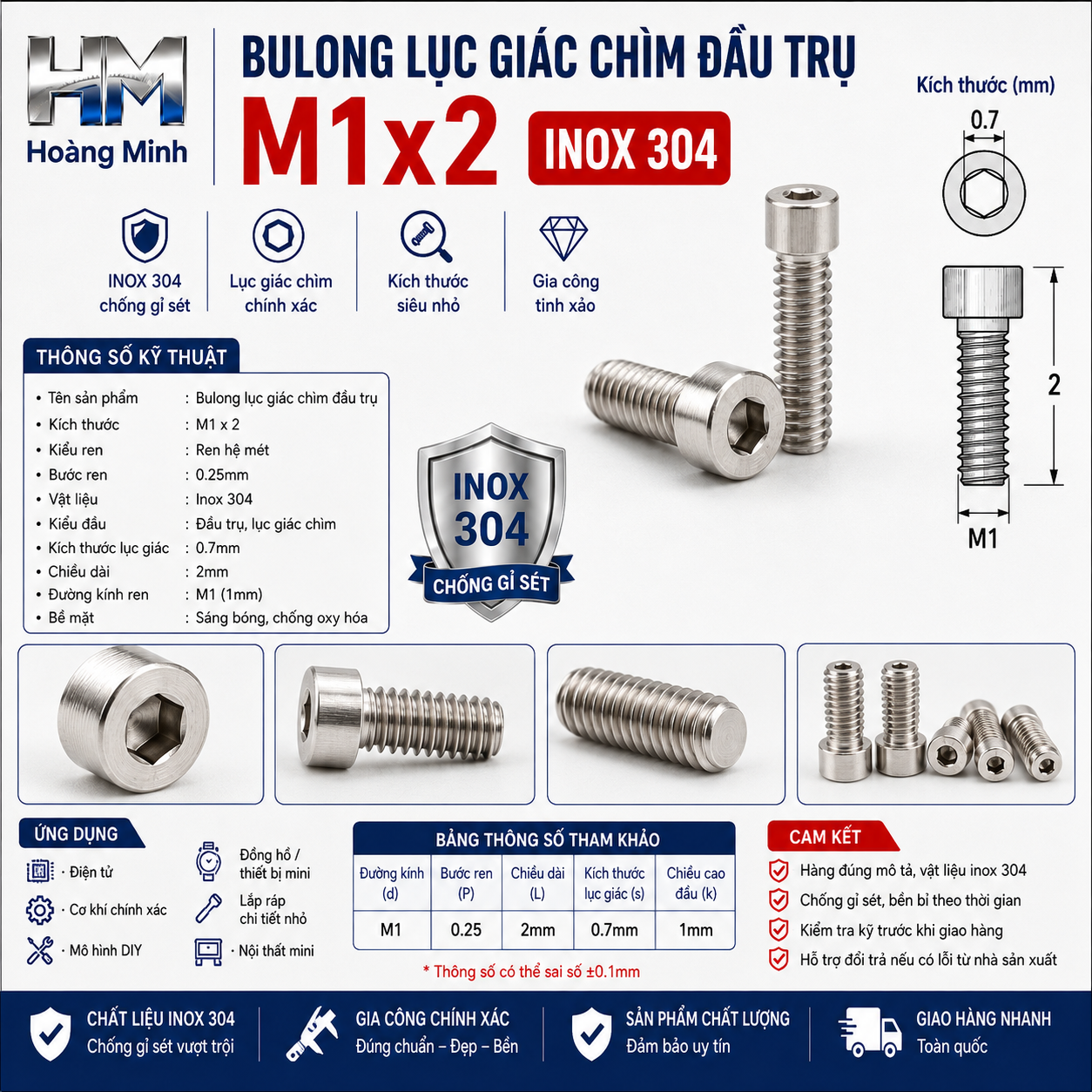 Bulong Lục Giác Chìm Đầu Trụ M1x2 Inox 304