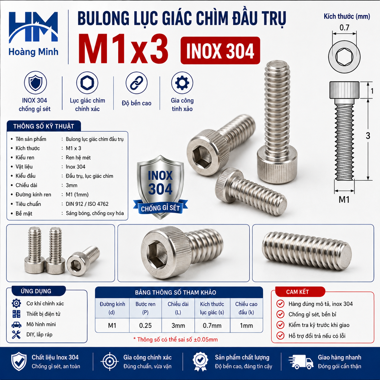 Bulong Lục Giác Chìm Đầu Trụ M1x3 Inox 304