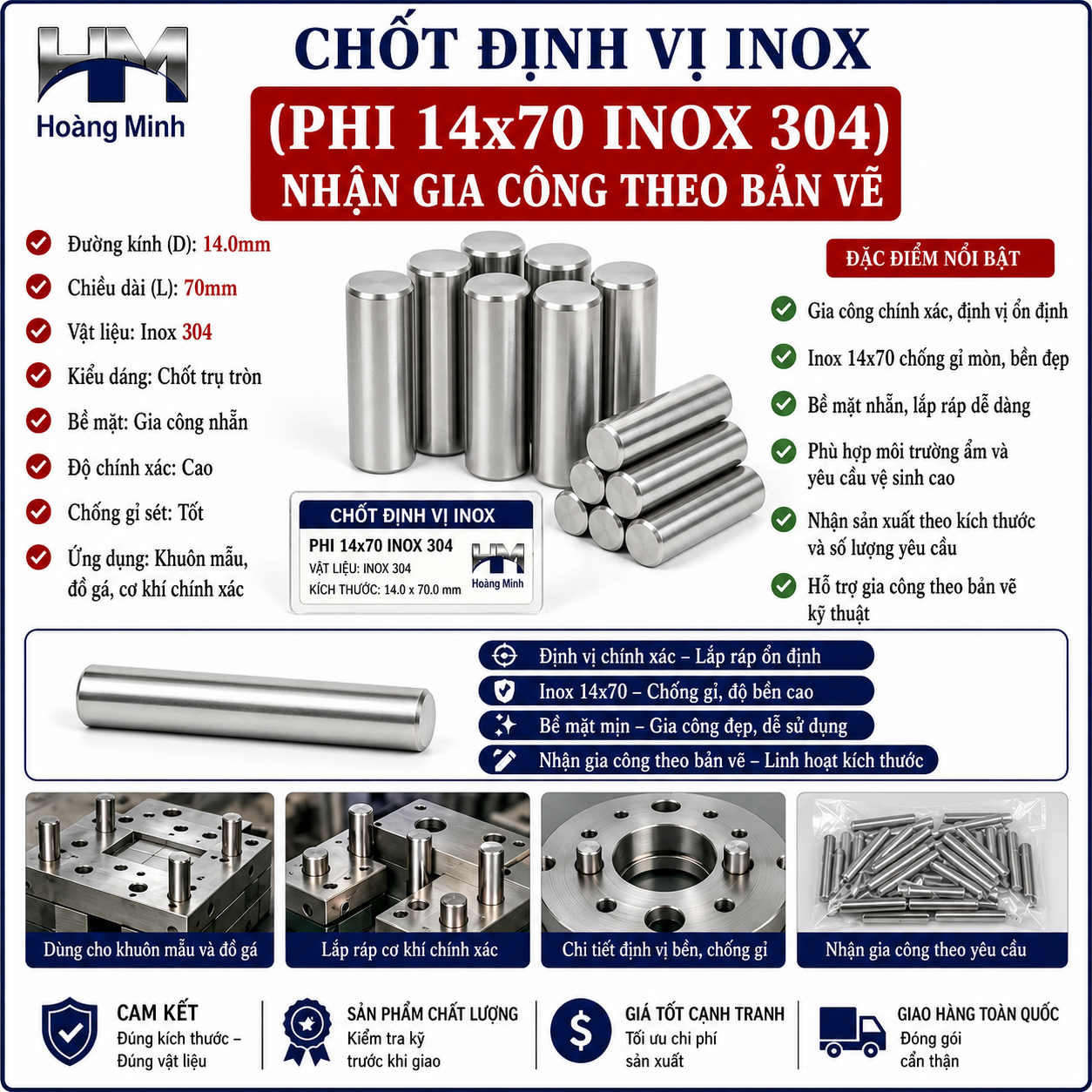 Chốt Định Vị Phi 14x70 inox 304