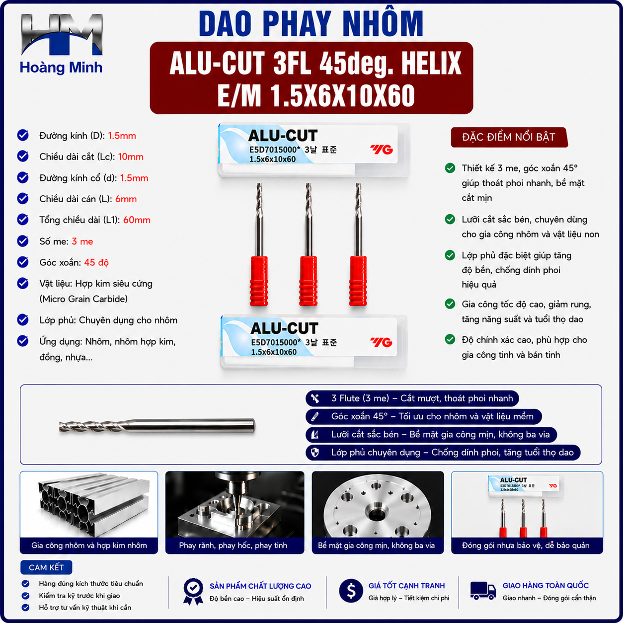 Dao Phay Nhôm ALU-CUT 3FL 45deg. Helix EM 1.5X6X10X60