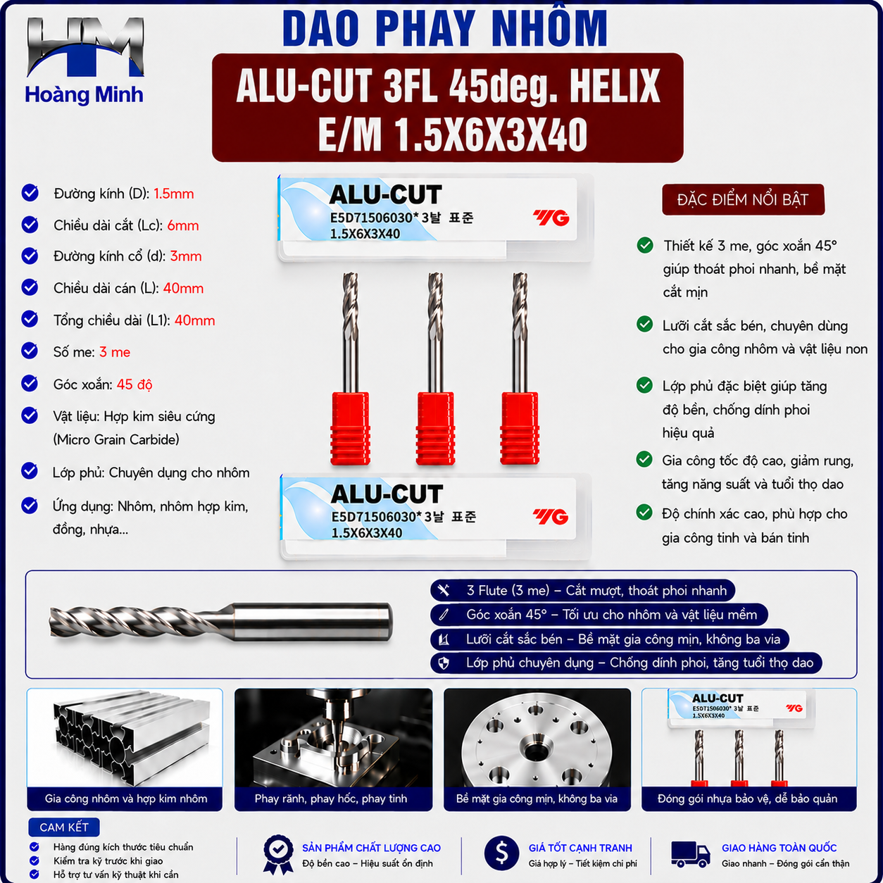 Dao Phay Nhôm ALU-CUT 3FL 45deg. Helix E/M 1.5X6X3X40