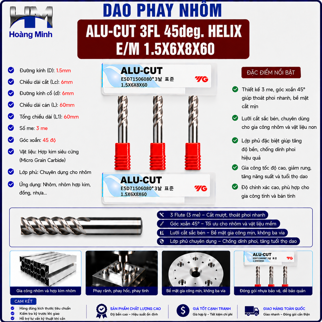 Dao Phay Nhôm ALU-CUT 3FL 45deg. Helix E/M 1.5X6X8X60