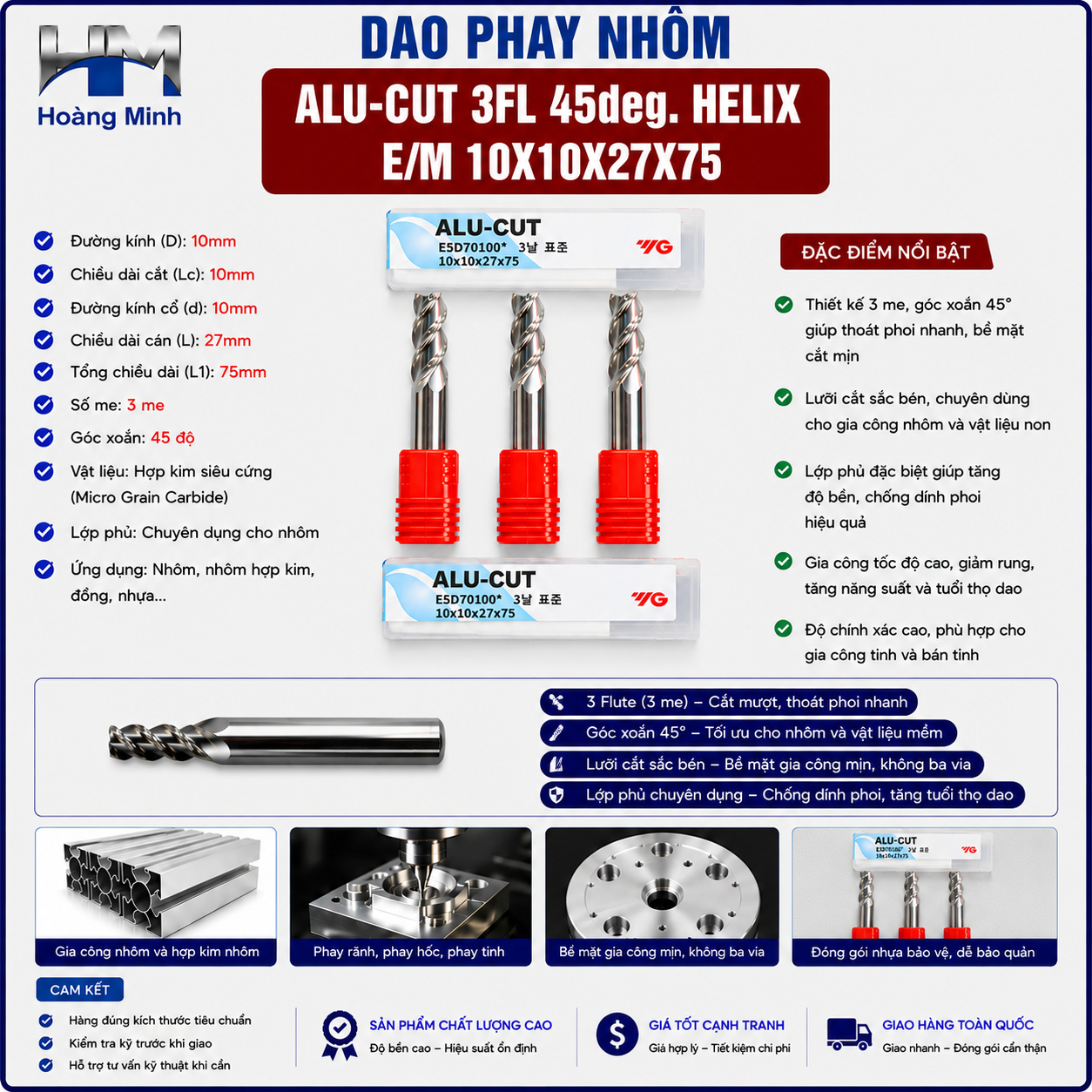 Dao Phay Nhôm ALU-CUT 3FL 45deg. Helix EM 10X10X27X75