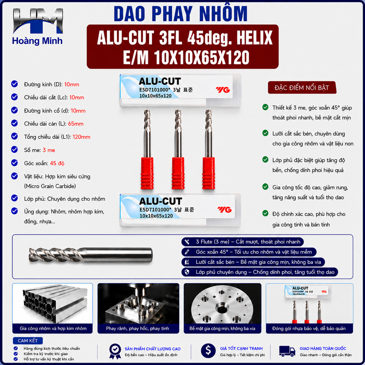 Dao Phay Nhôm ALU-CUT 3FL 45deg. Helix E/M 10X10X65X120