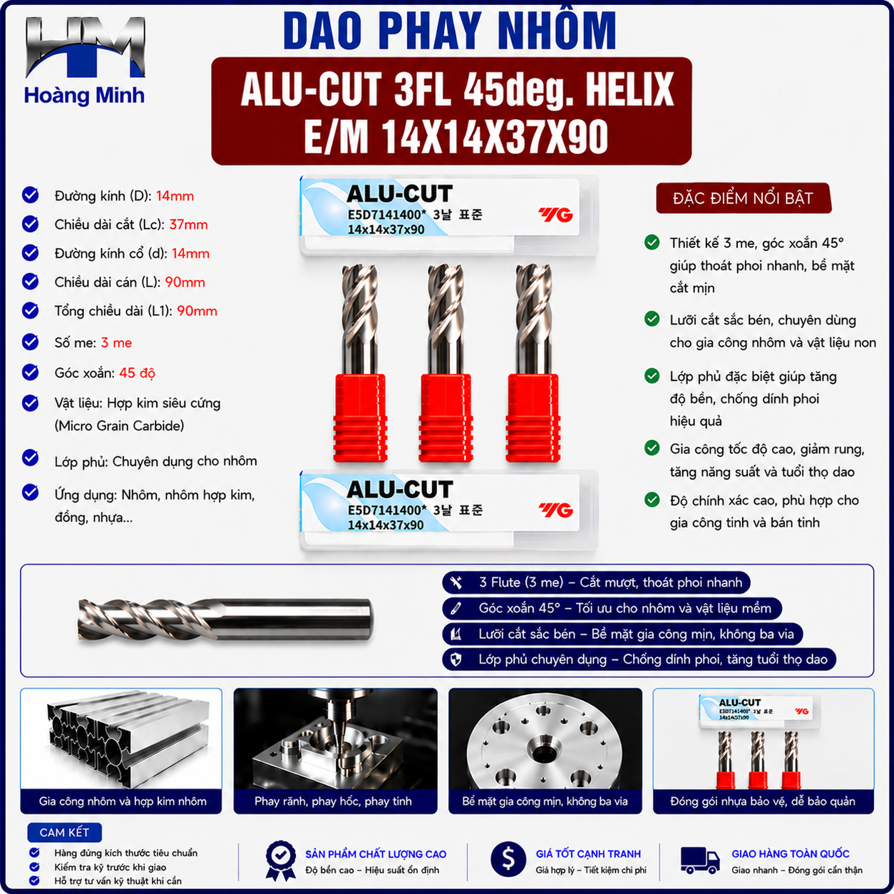 Dao Phay Nhôm ALU-CUT 3FL 45deg. Helix E/M 14X14X37X90