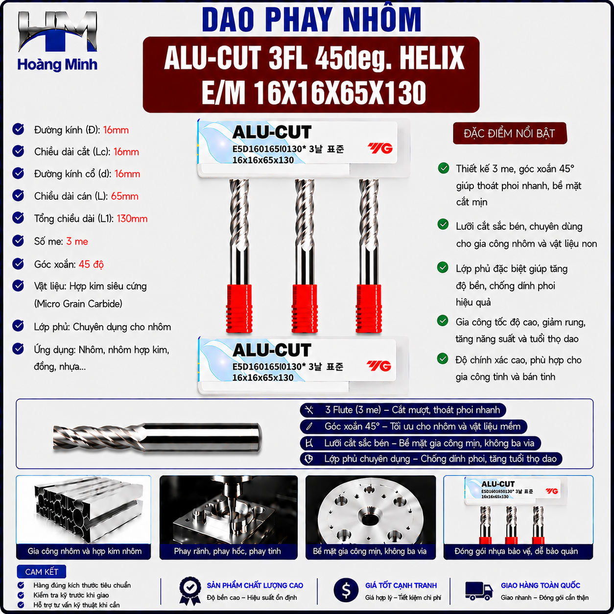 Dao Phay Nhôm ALU-CUT 3FL 45deg. Helix E/M 16X16X65X130