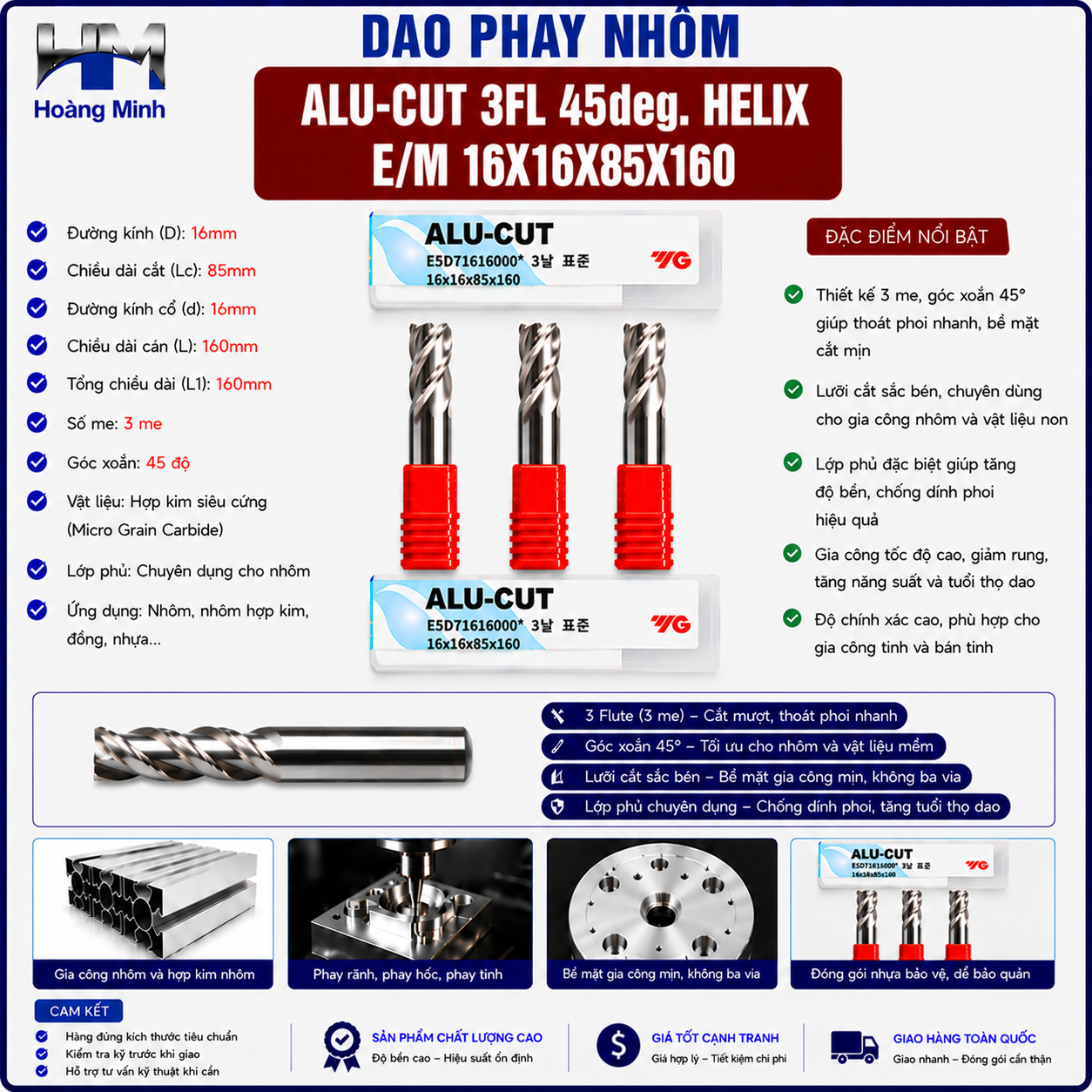 Dao Phay Nhôm ALU-CUT 3FL 45deg. Helix EM 16X16X85X160