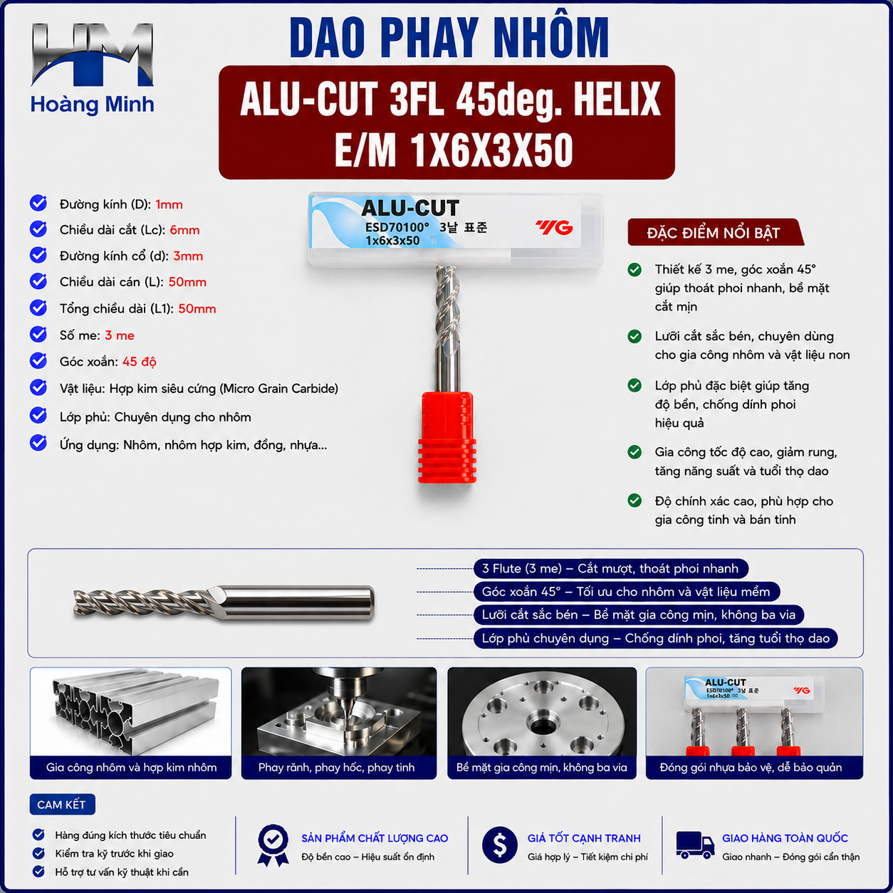 Dao Phay Nhôm ALU-CUT 3FL 45deg. Helix E/M 1X6X3X50