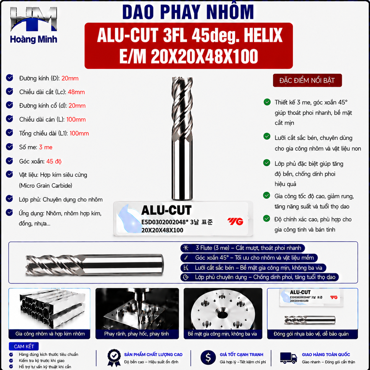 Dao Phay Nhôm ALU-CUT 3FL 45deg. Helix E/M 20X20X48X100