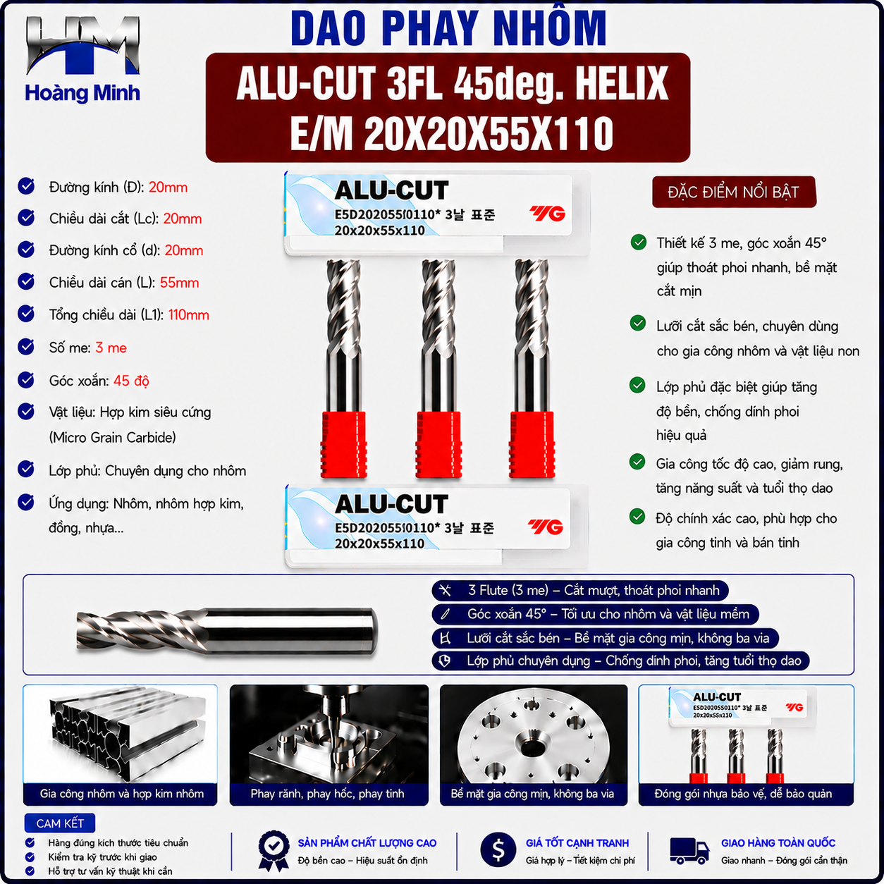 Dao Phay Nhôm ALU-CUT 3FL 45deg. Helix EM 20X20X55X110