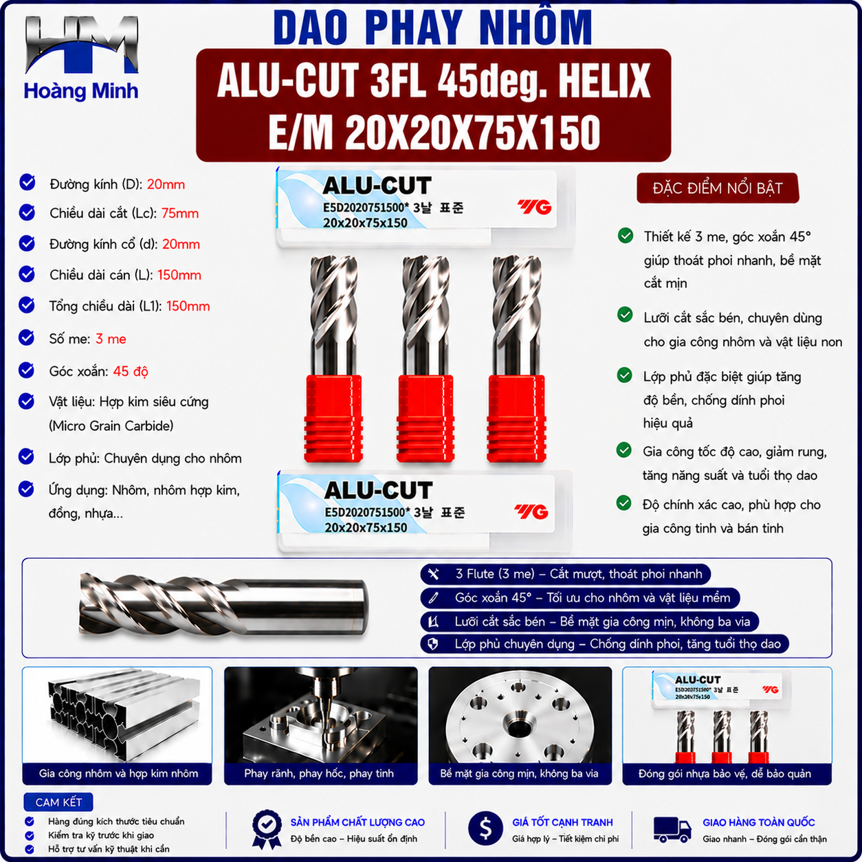Dao Phay Nhôm ALU-CUT 3FL 45deg. Helix EM 20X20X75X150