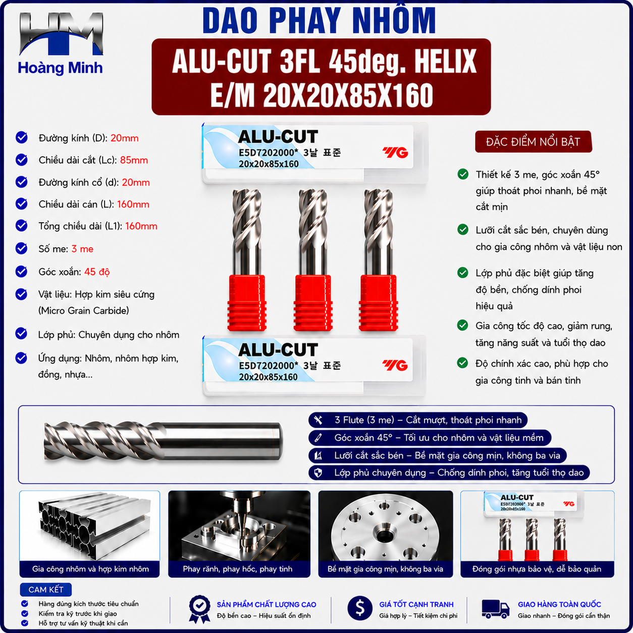 Dao Phay Nhôm ALU-CUT 3FL 45deg. Helix EM 20X20X85X160