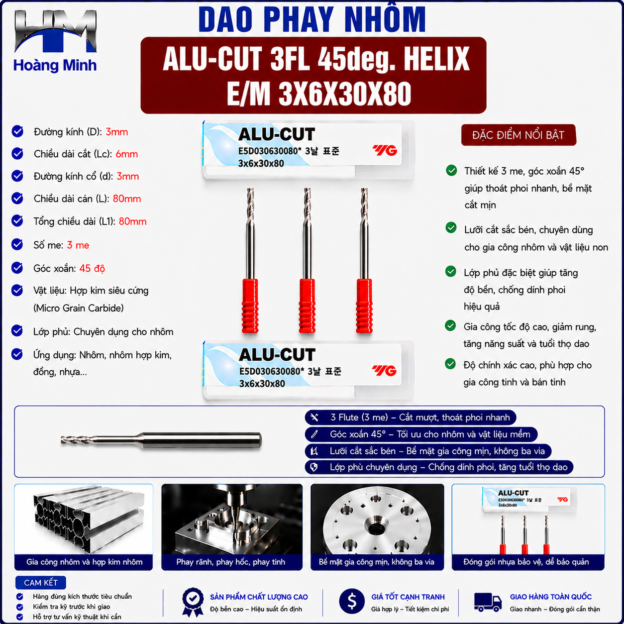 Dao Phay Nhôm ALU-CUT 3FL 45deg. Helix E/M 3X6X30X80