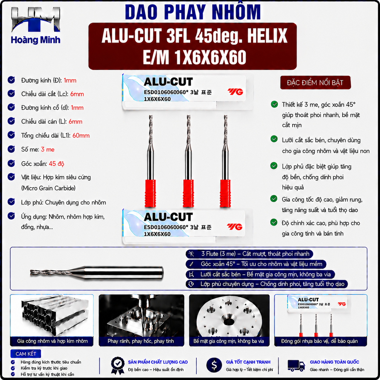 Dao Phay Nhôm ALU-CUT 3FL 45deg. Helix E/M 3X6X4X45