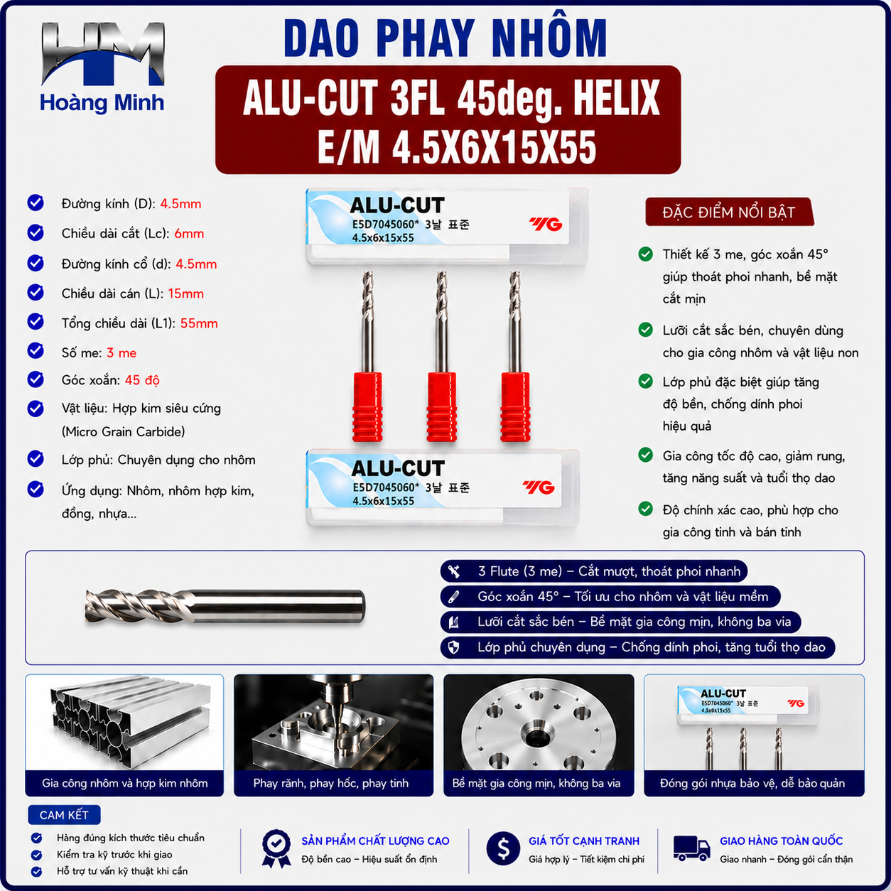 Dao Phay Nhôm ALU-CUT 3FL 45deg. Helix E/M 4.5X6X15X55