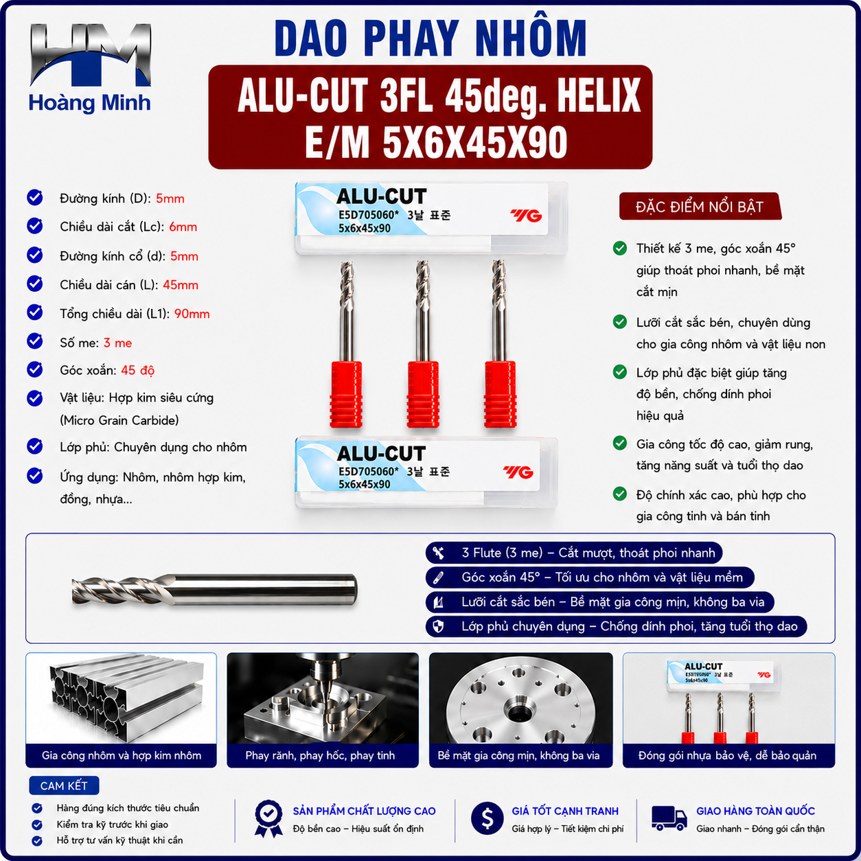 Dao Phay Nhôm ALU-CUT 3FL 45deg. Helix EM 5X6X45X90