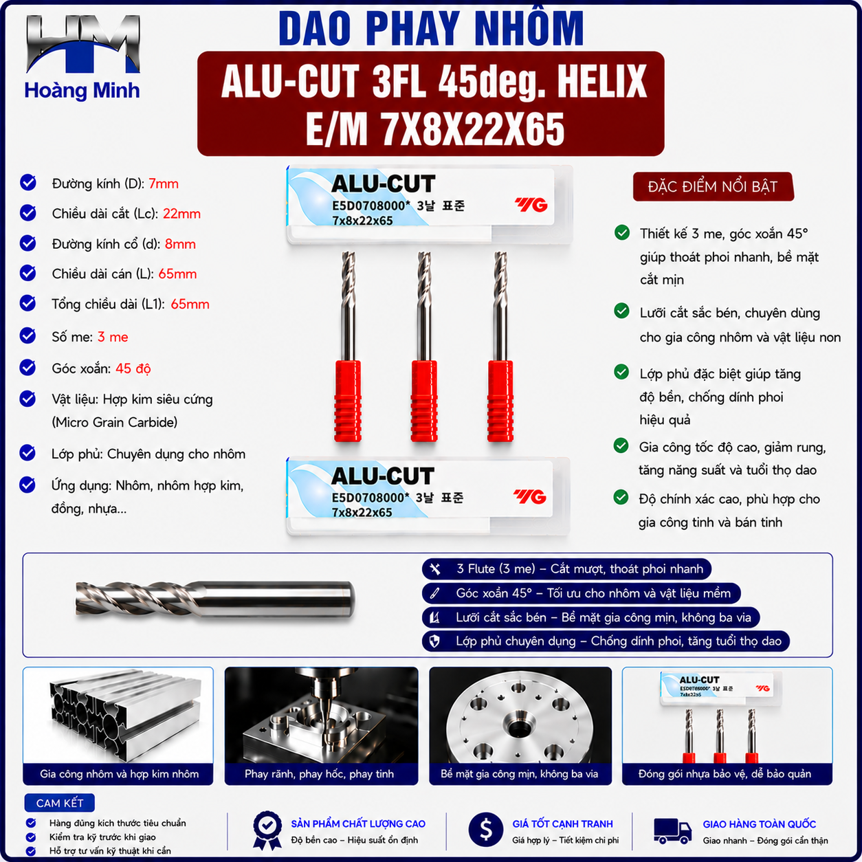 Dao Phay Nhôm ALU-CUT 3FL 45deg. Helix E/M 7X8X22X65
