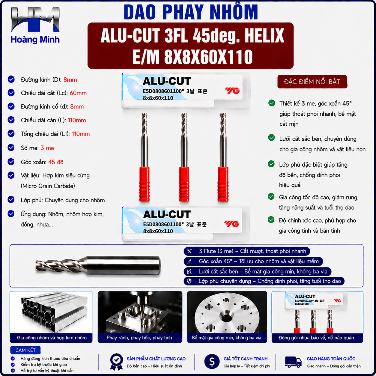 Dao Phay Nhôm ALU-CUT 3FL 45deg. Helix E/M 8X8X60X110