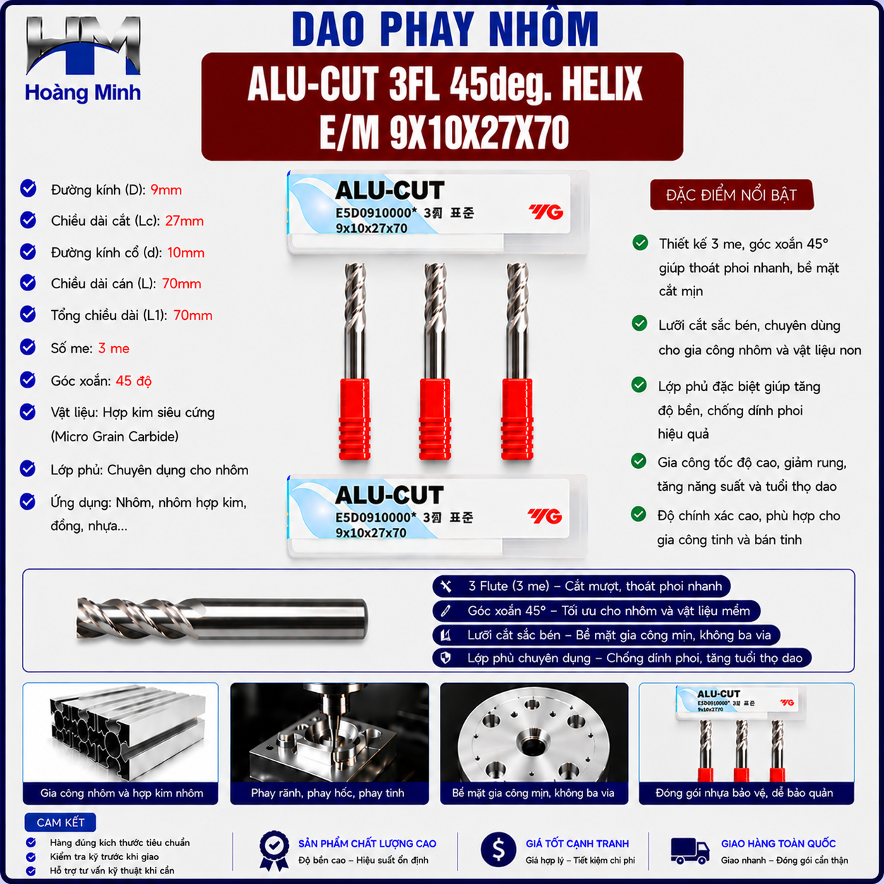 Dao Phay Nhôm ALU-CUT 3FL 45deg. Helix E/M 9X10X27X70