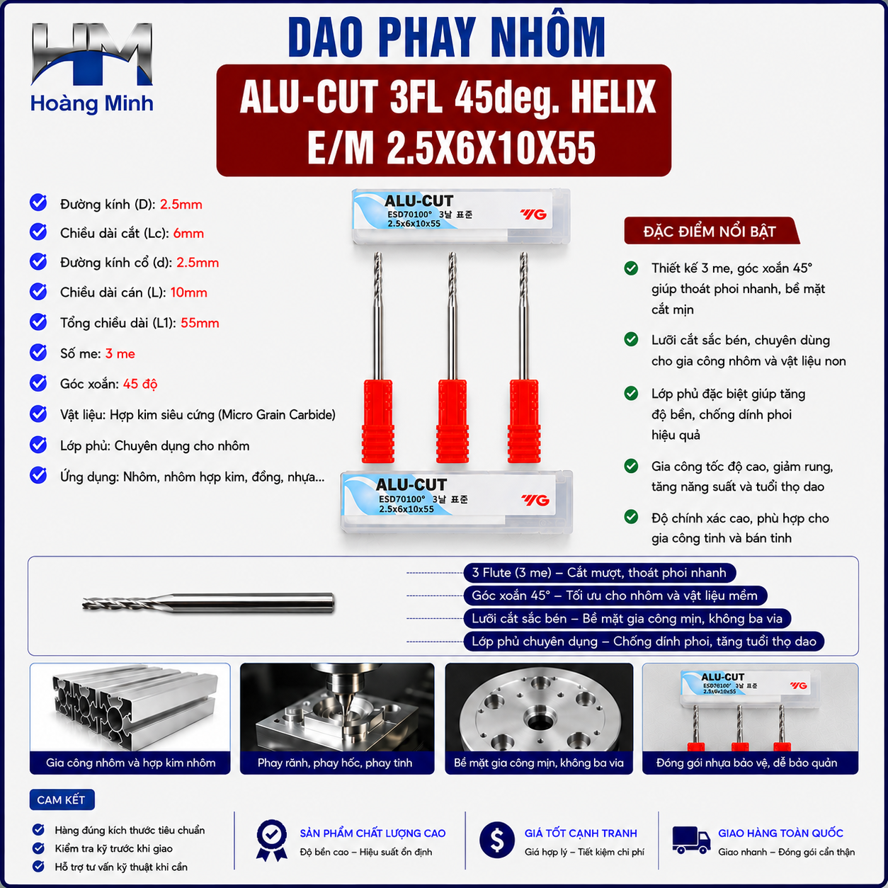 Dao Phay Nhôm ALU-CUT 3FL 45° Helix EM 2.5X6X10X55