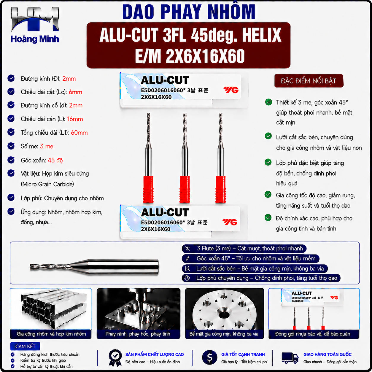 Dao Phay Nhôm ALU-CUT 3FL 45° Helix EM 2X6X16X60