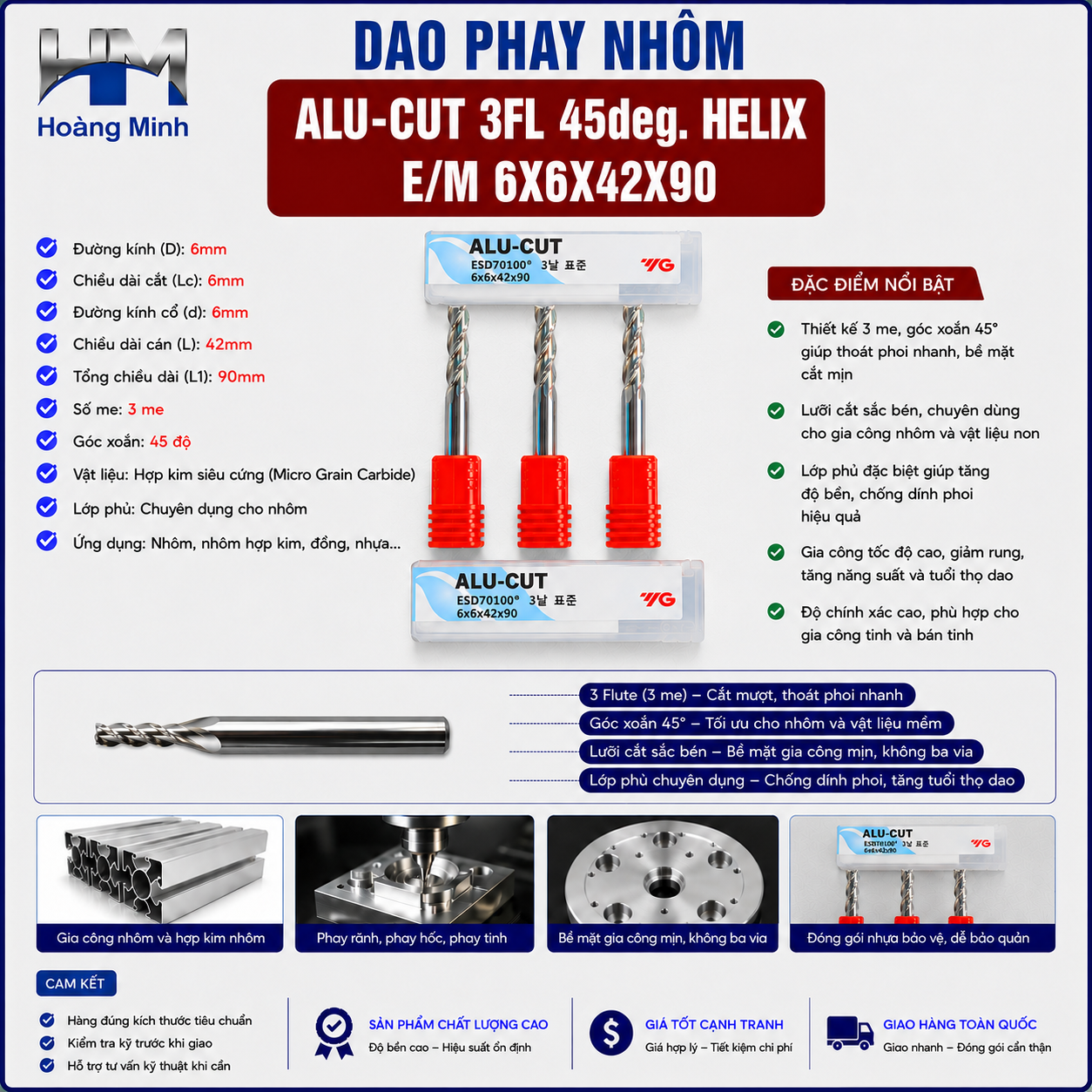Dao Phay Nhôm ALU-CUT 3FL 45° Helix E/M 6X6X42X90