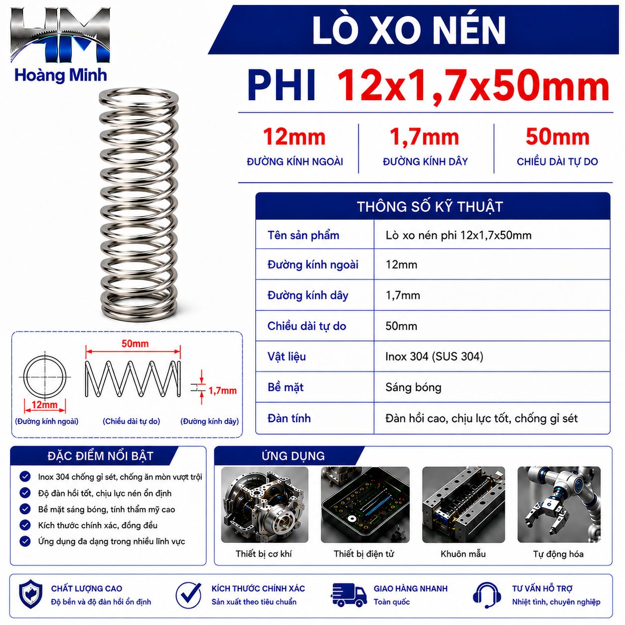 Lò xo nén phi 12x1.7x50mm