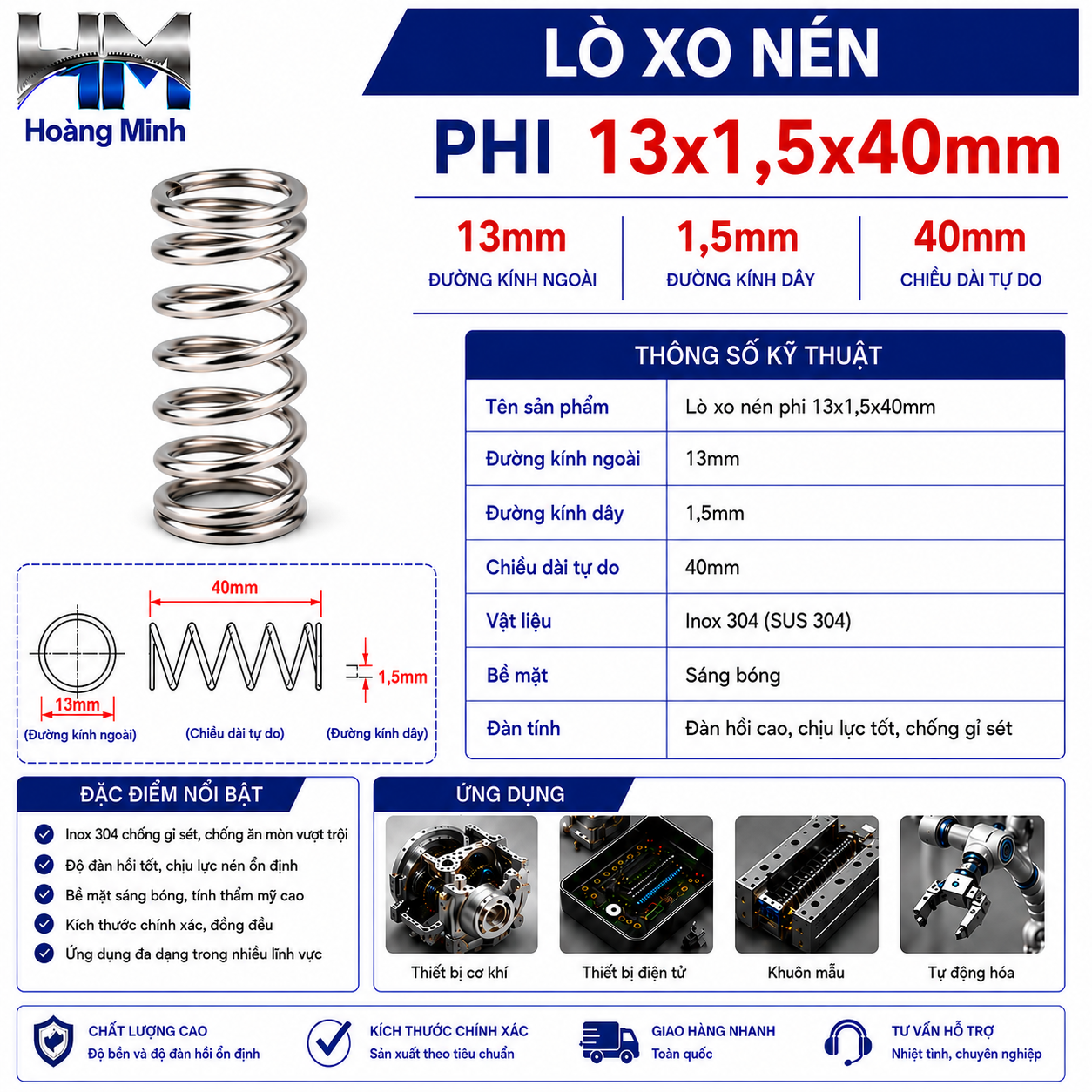 Lò xo nén phi 13x1.5x40mm