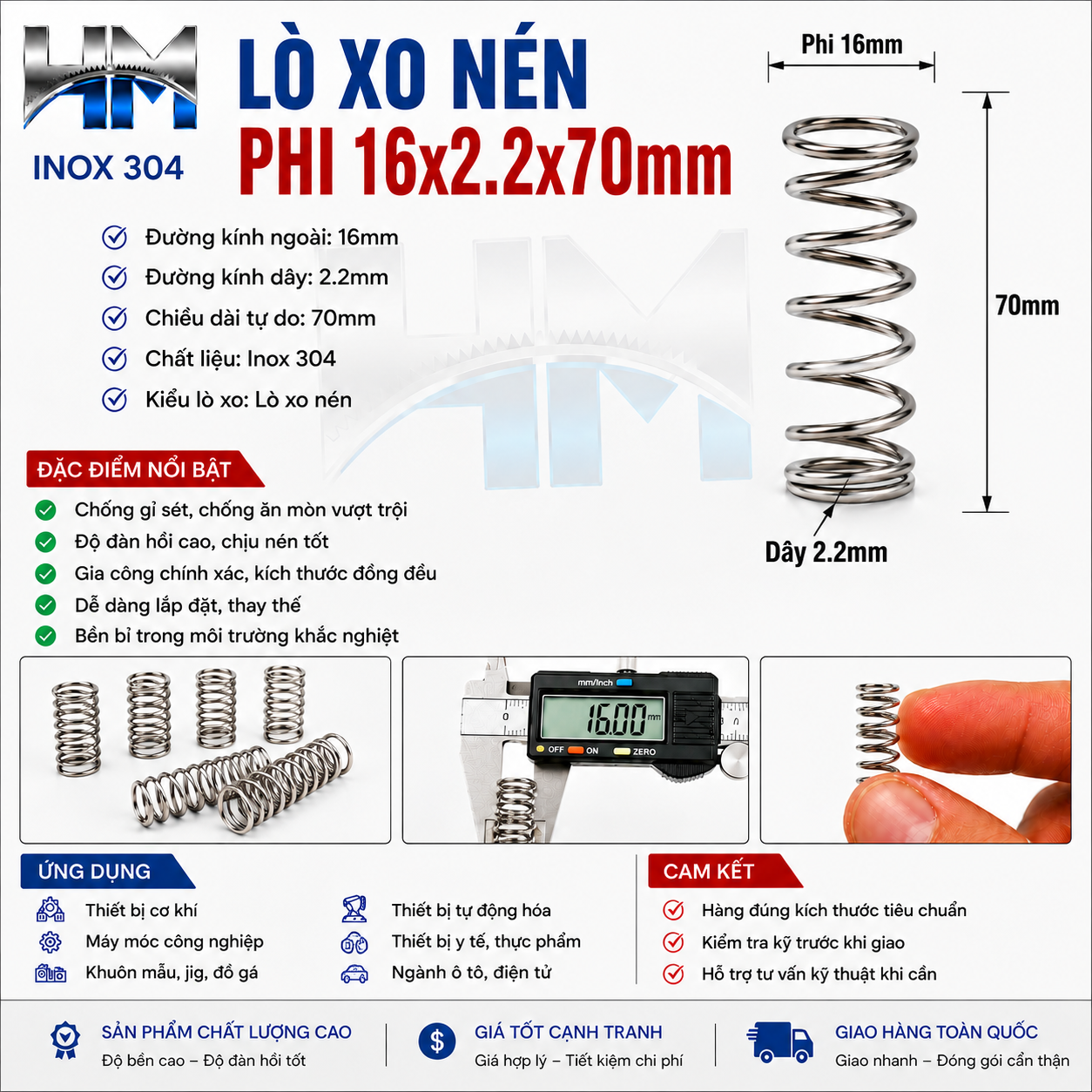 Lò xo nén phi 16x2.2x70mm